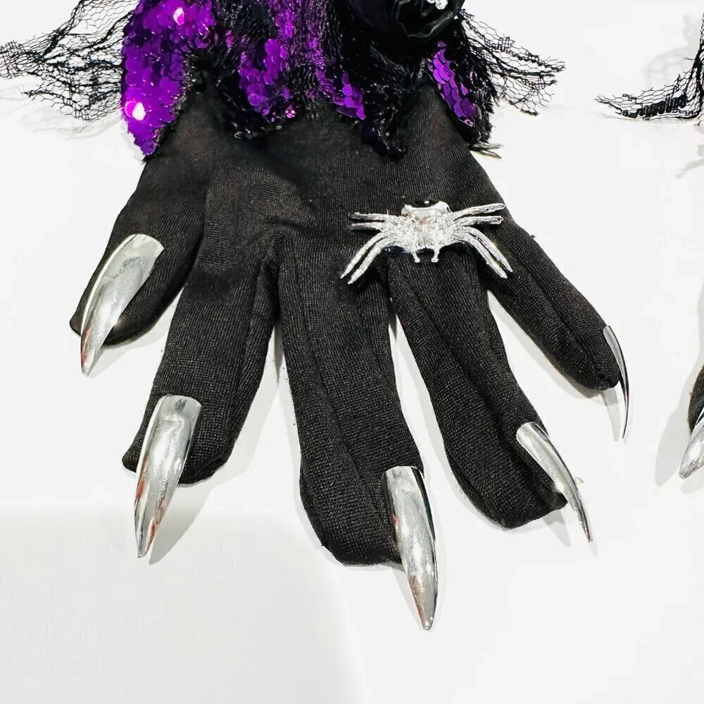 Witch Gloves Black w/ Chrome Nails, Spider Rings & Purple Sequins Costume - Picture 2 of 5